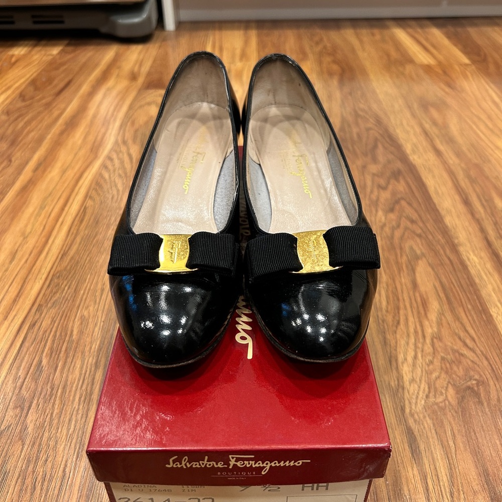 Salvatore Ferragamo Black Patent Leather Flats with Gold Accents